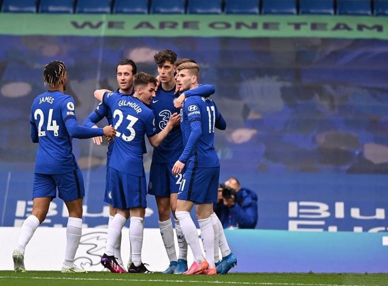 Kai Havertz and Timo Werner (right) celebrate Chelsea's goal against Fulham.